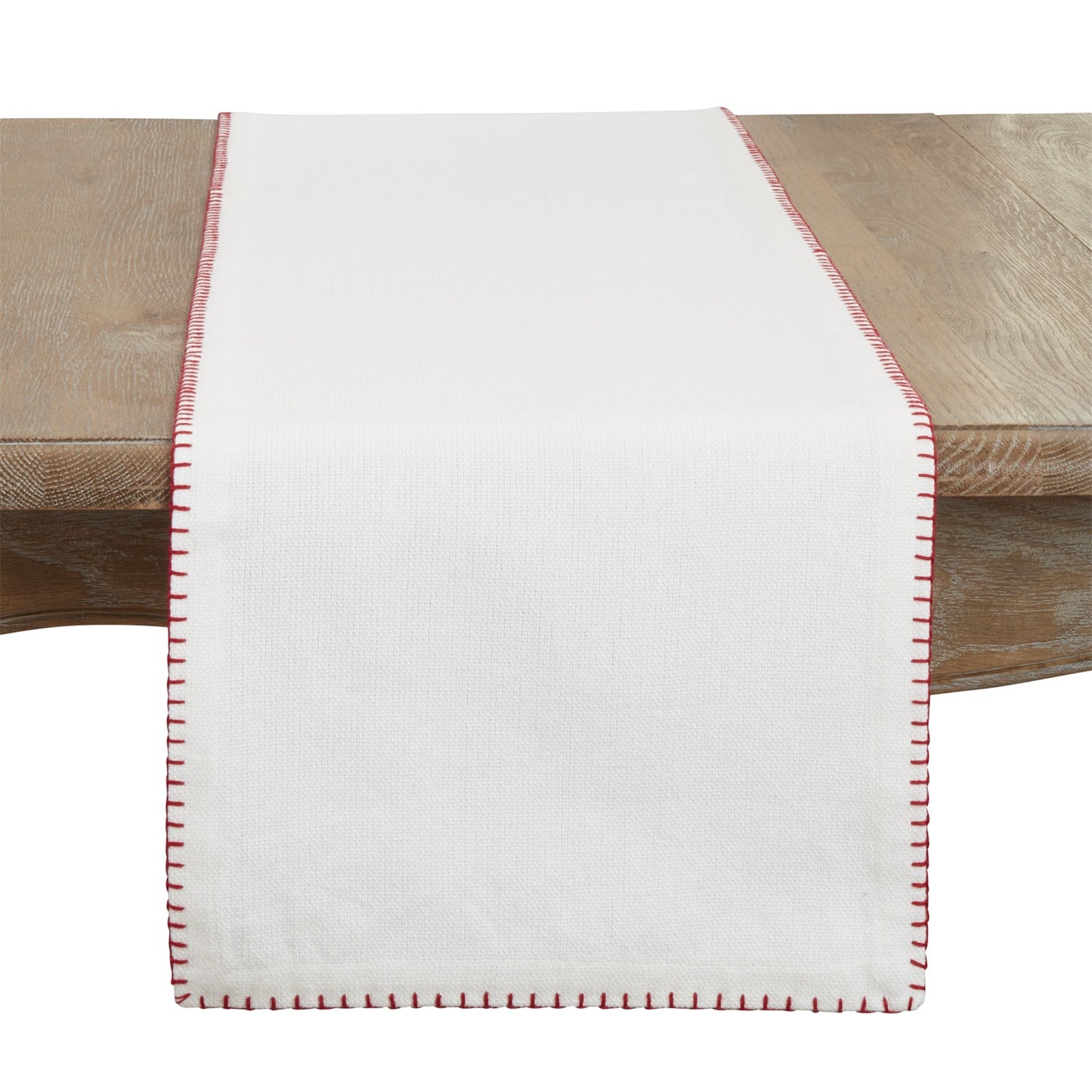 Everyday / All Season White/Red Whip Stitched Design Table Runner, 100% cotton