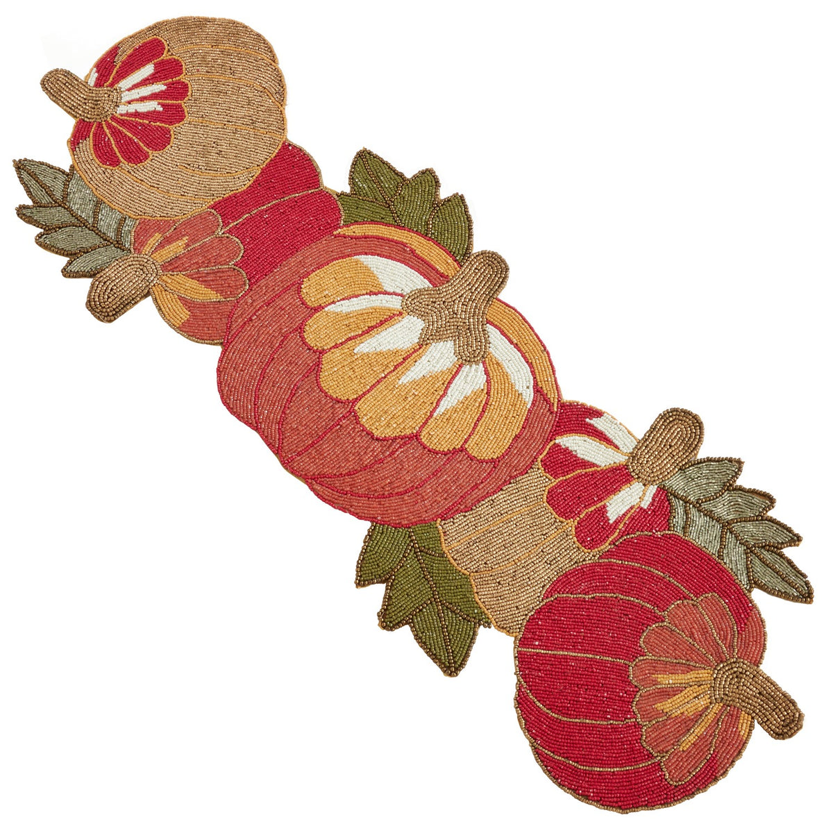 Thanksgiving / Fall Harvest Orange Beaded Pumpkin Table Runner, Top: glass beads, Bottom: polyester fabric