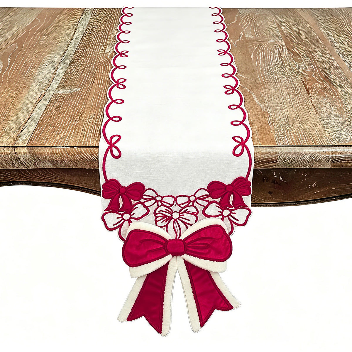 Christmas Red/White Bow Table Runner, 100% polyester