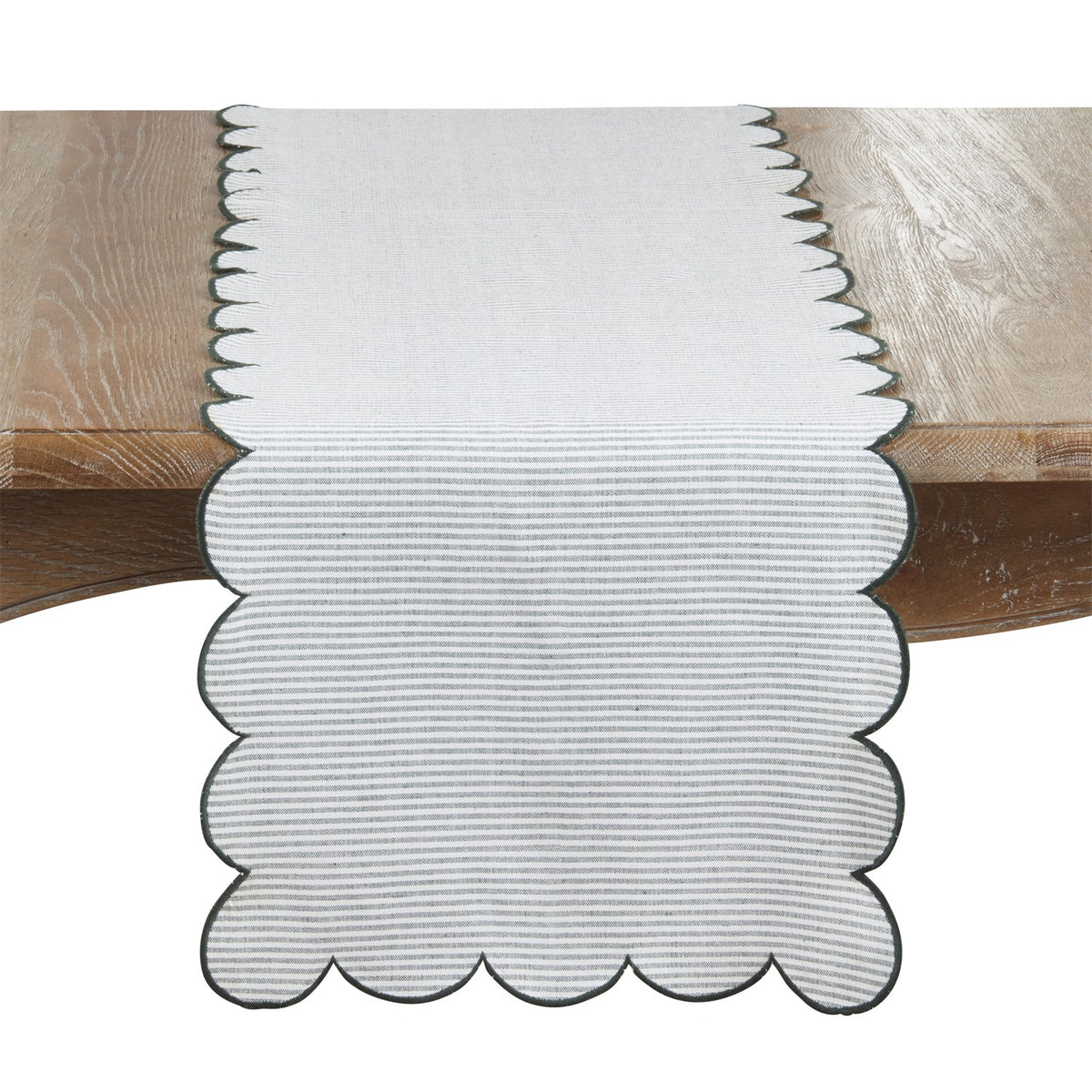 Everyday / All Season Green Striped Scalloped Table Runner, 100% cotton