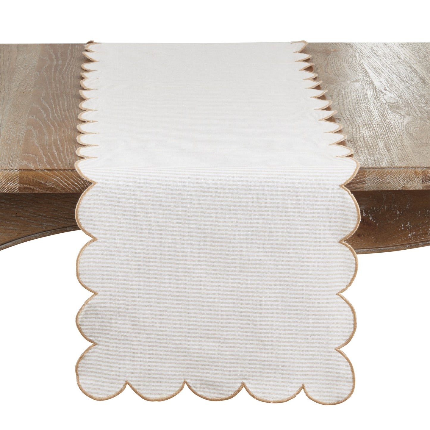 Everyday / All Season Natural Beige Striped Scalloped Table Runner, 100% cotton