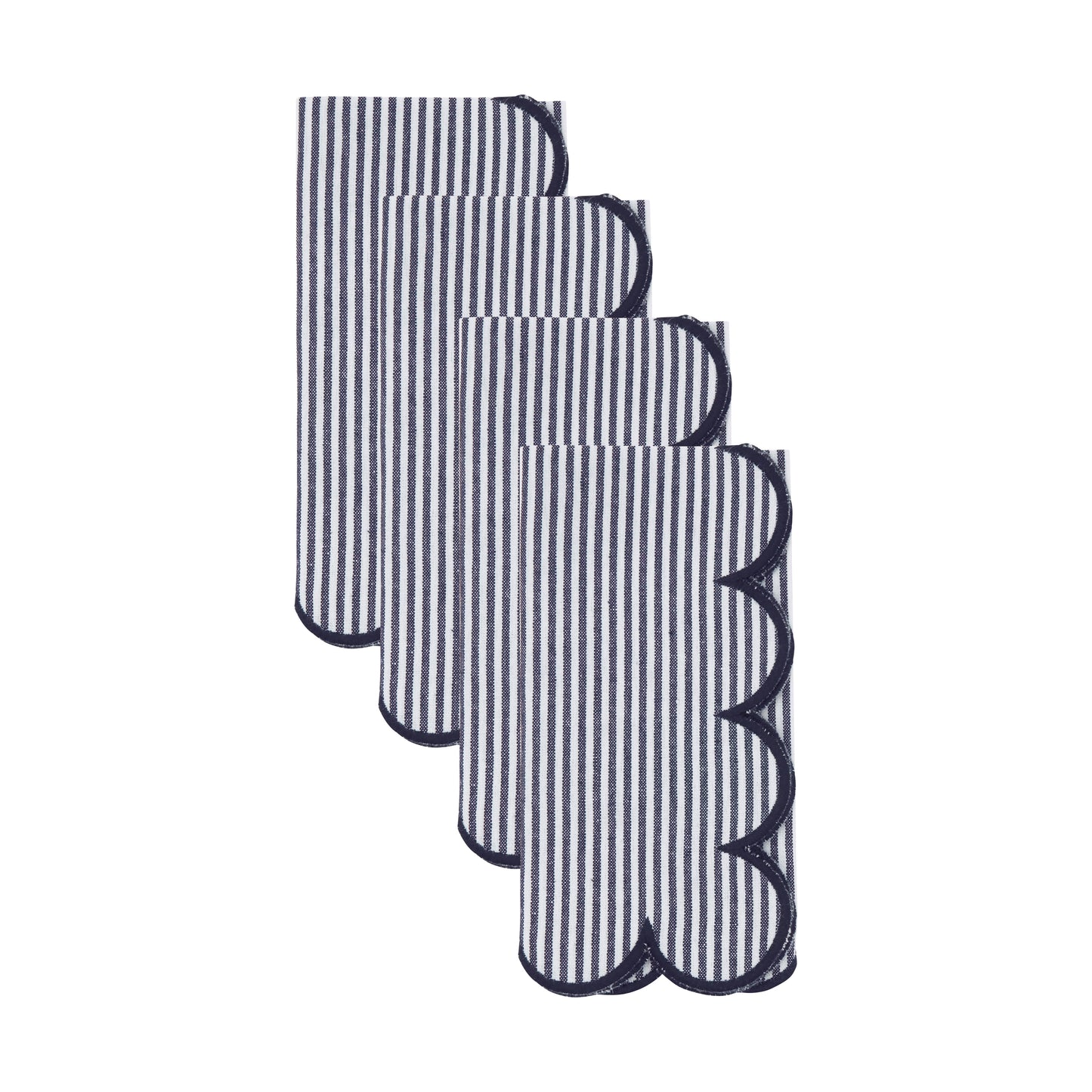 Navy Blue Striped Scalloped Napkins 100% cotton, 20 Inch Square (4 pcs.)