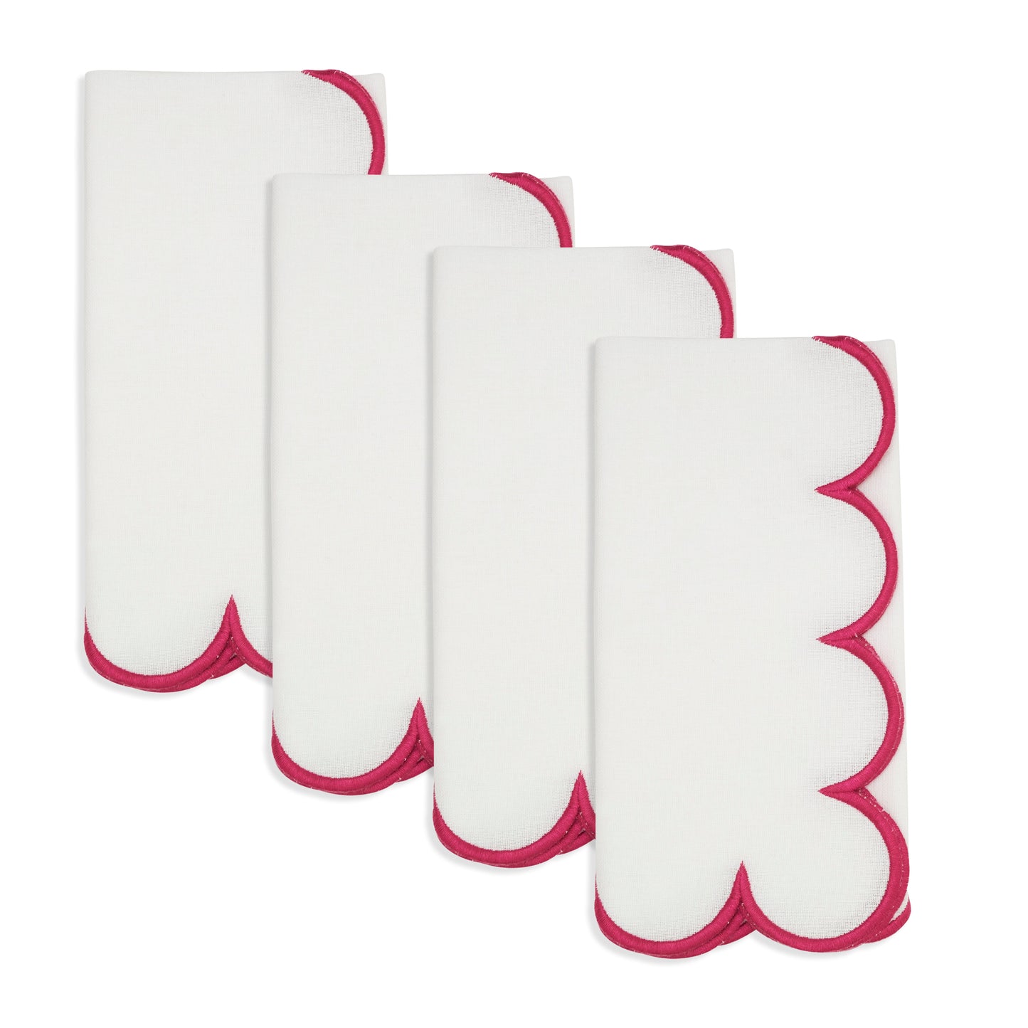 White/Fuchsia Scalloped Napkins 100% cotton, 20 Inch Square (4 pcs.)
