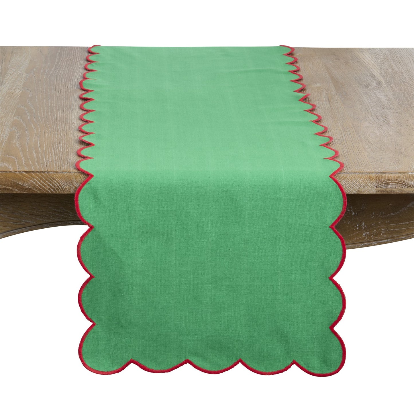 Everyday / All Season Green Scalloped Table Runner, 100% cotton