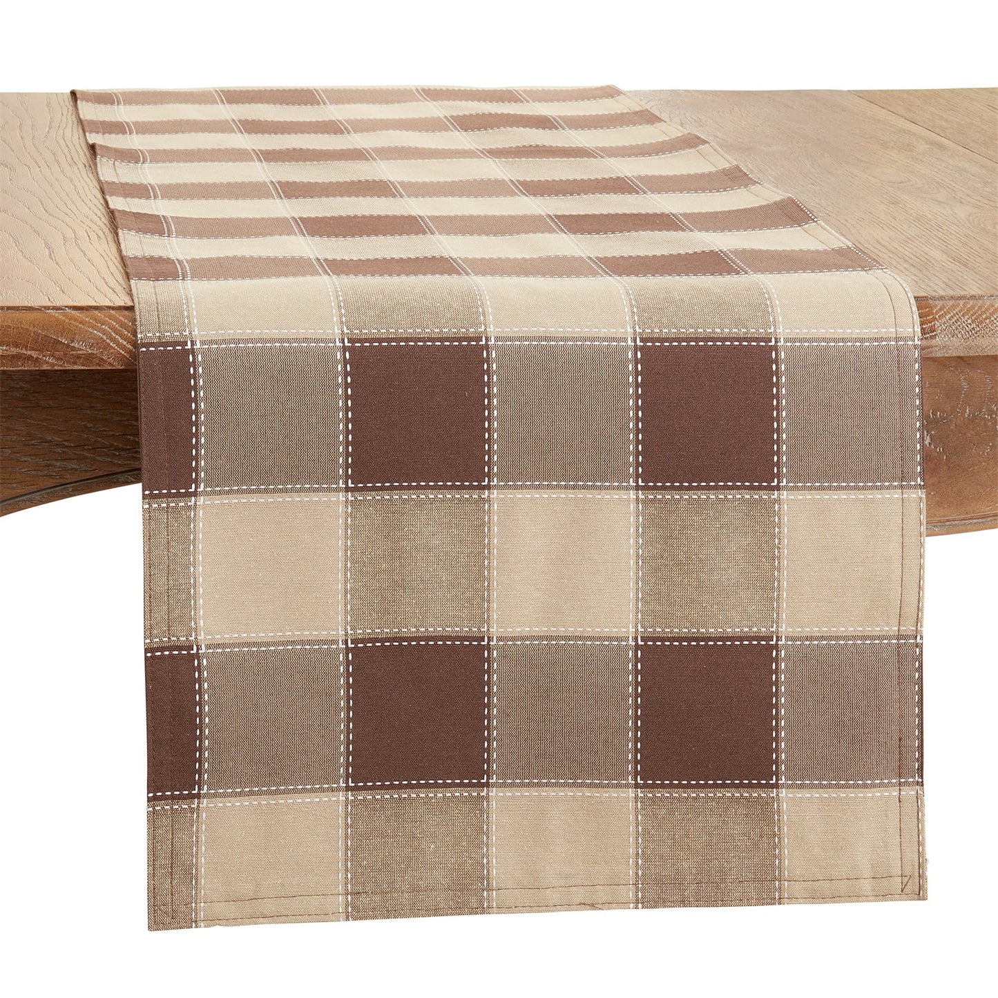 Everyday / All Season Mocha Brown Stitched Plaid Table Runner, 55% cotton - 45% polyester