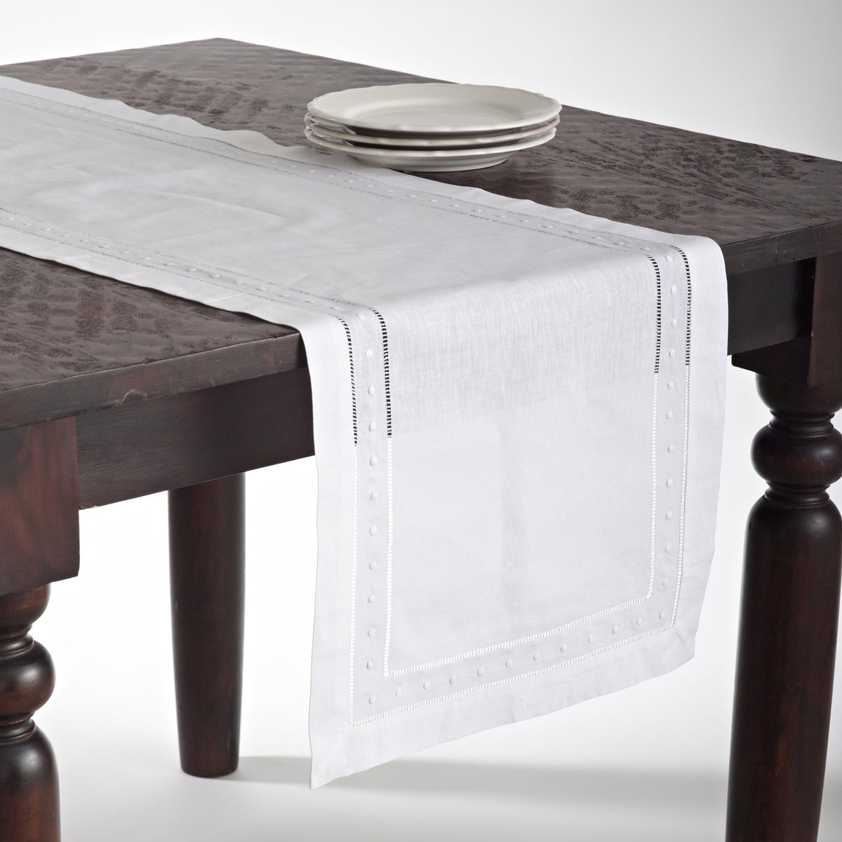 Everyday / All Season White Embr. and Hemstitch Table Runner, 55% linen, 45% cotton