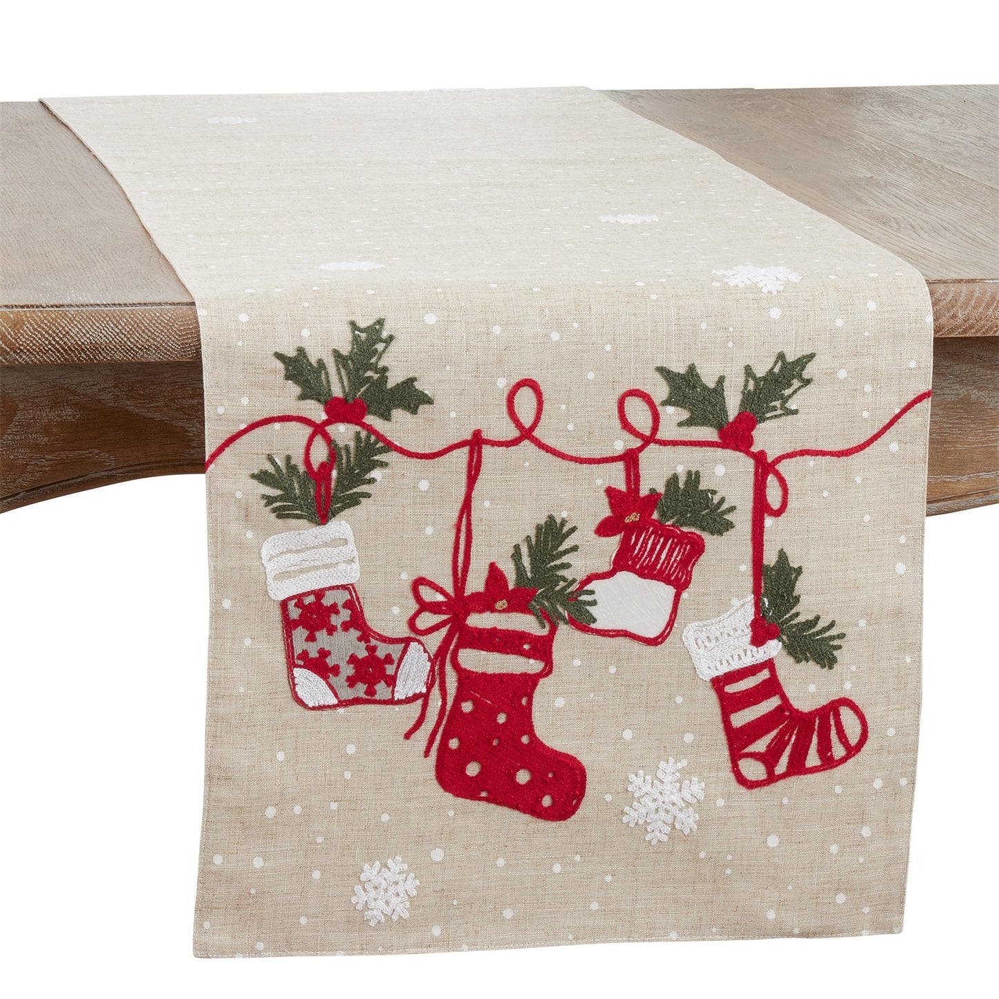 Christmas Natural Beige Stockings Table Runner, 80% polyester - 20% linen