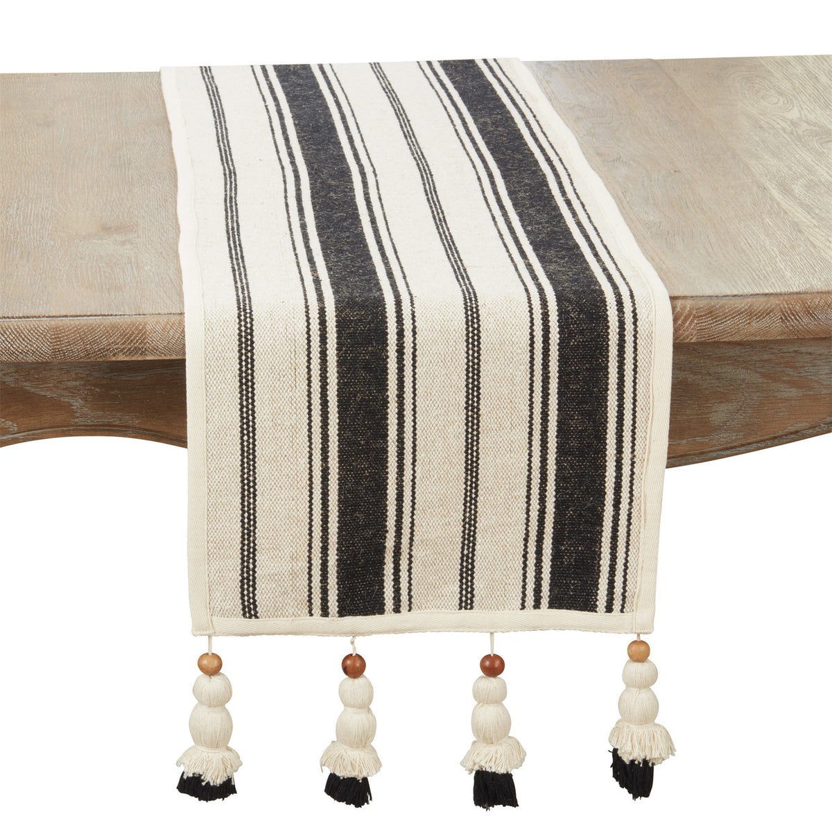 Everyday / All Season Black/Natural Stripe Table Runner with Wooden Beaded Tassels, 60% cotton - 40% jute