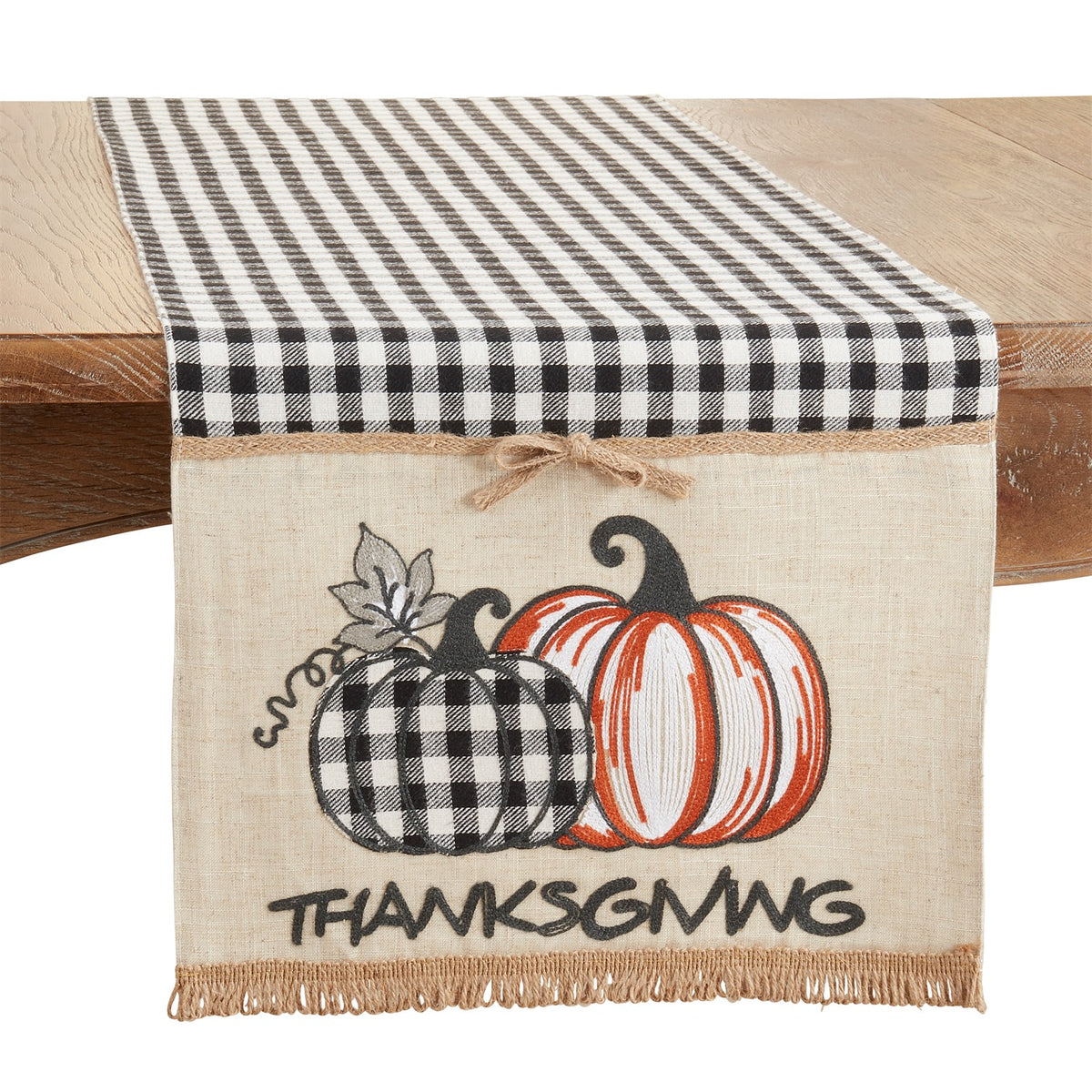 Thanksgiving / Fall Harvest Black/White Plaid Thanksgiving Pumpkins Table Runner, front: 100% polyester, back: 80% polyester - 20% linen