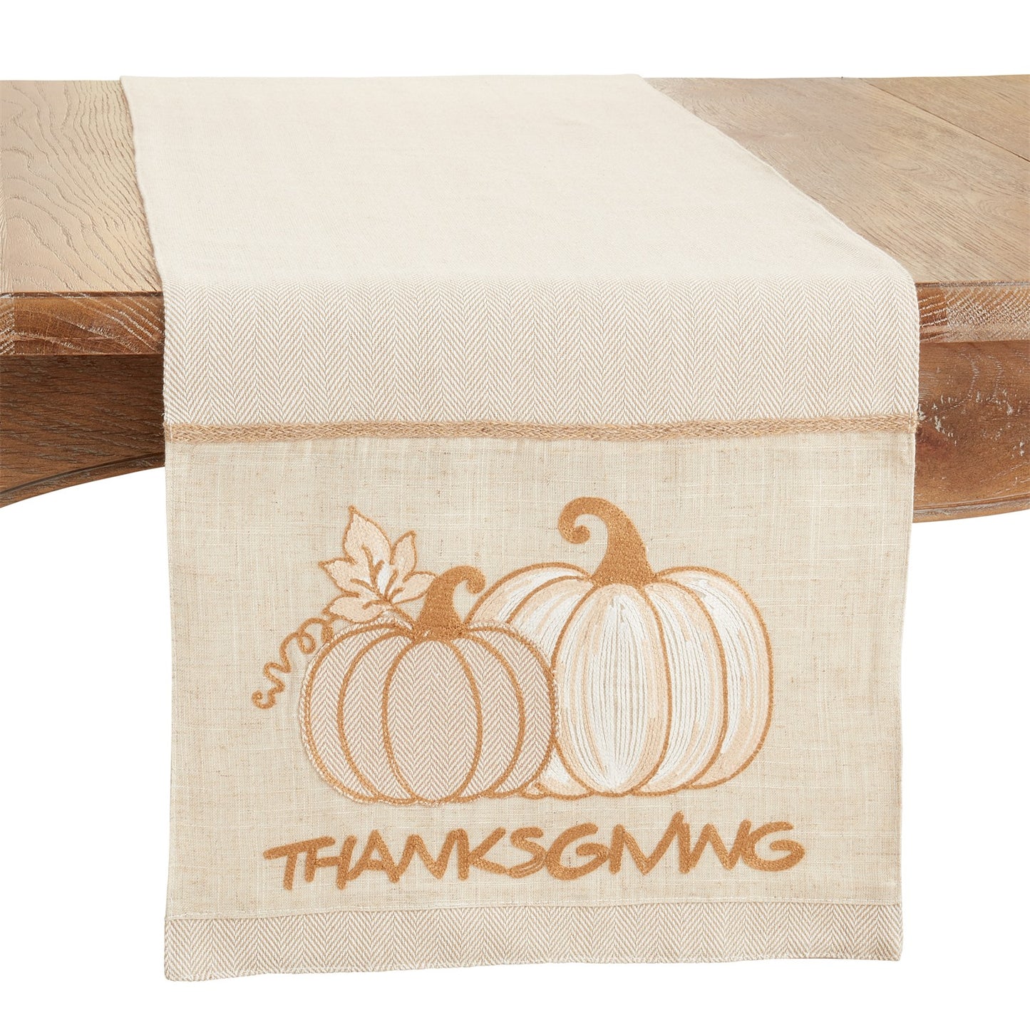Thanksgiving / Fall Harvest Natural Beige Thanksgiving Pumpkins Table Runner, front: 100% cotton, back: 80% polyester - 20% linen