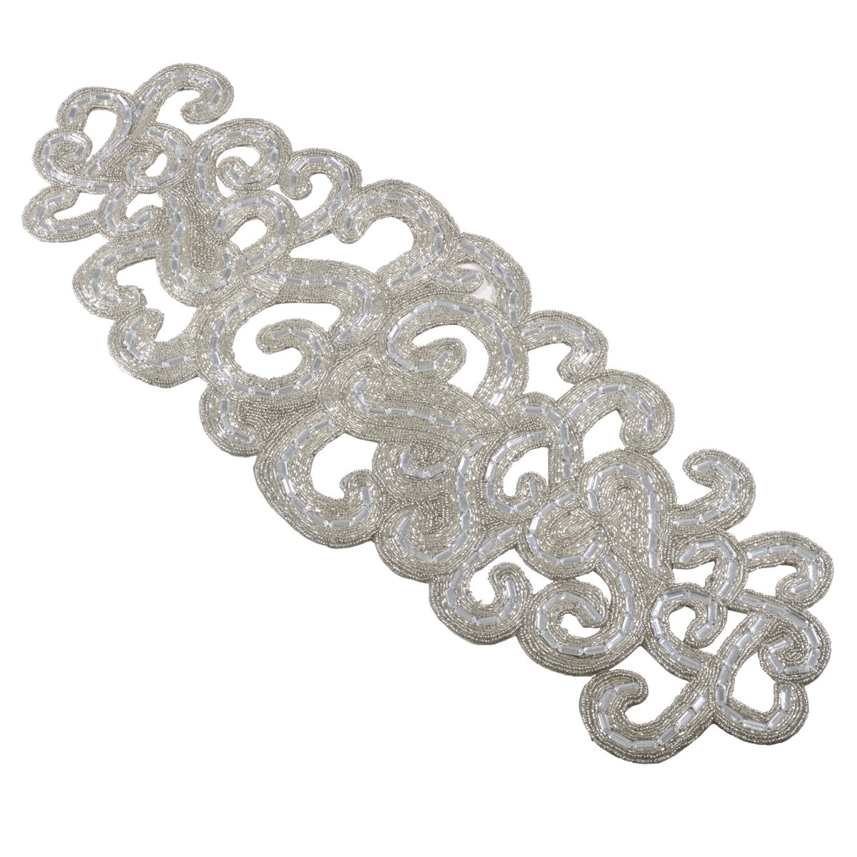 Everyday / All Season Silver Beaded Design Table Runner, 70% GLASS BEADS, 20% ACRYLIC BEADS, 10% POLYESTER FABRIC