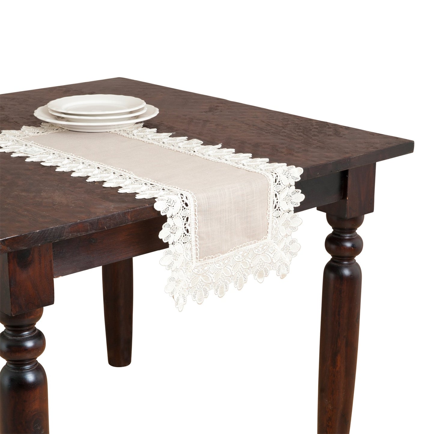 Everyday / All Season Taupe Lace Trimmed Table Runner, 100% Polyester
