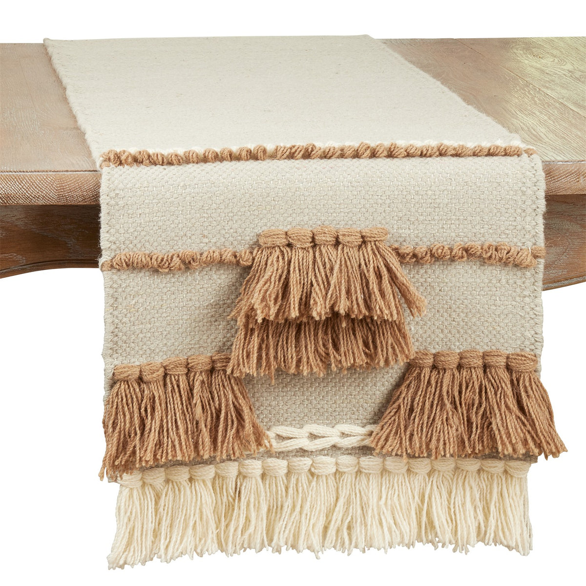 Everyday / All Season Natural Beige Textured Boho Table Runner, 100% wool
