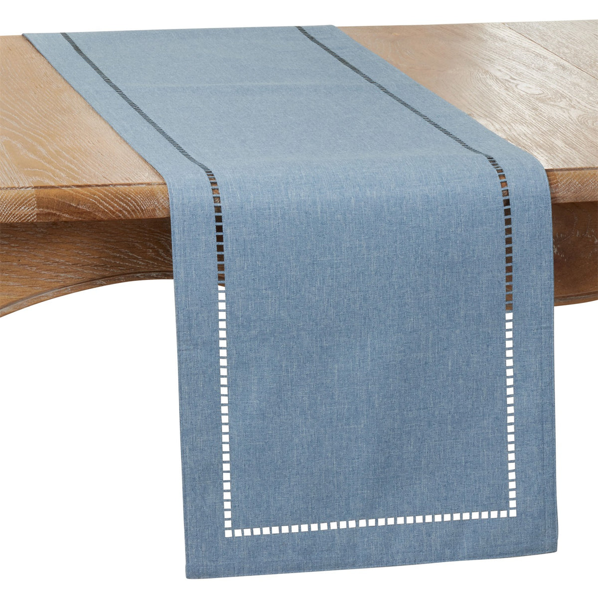 Everyday / All Season Denim Blue Laser-Cut Hemstitch Table Runner, 100% Polyester