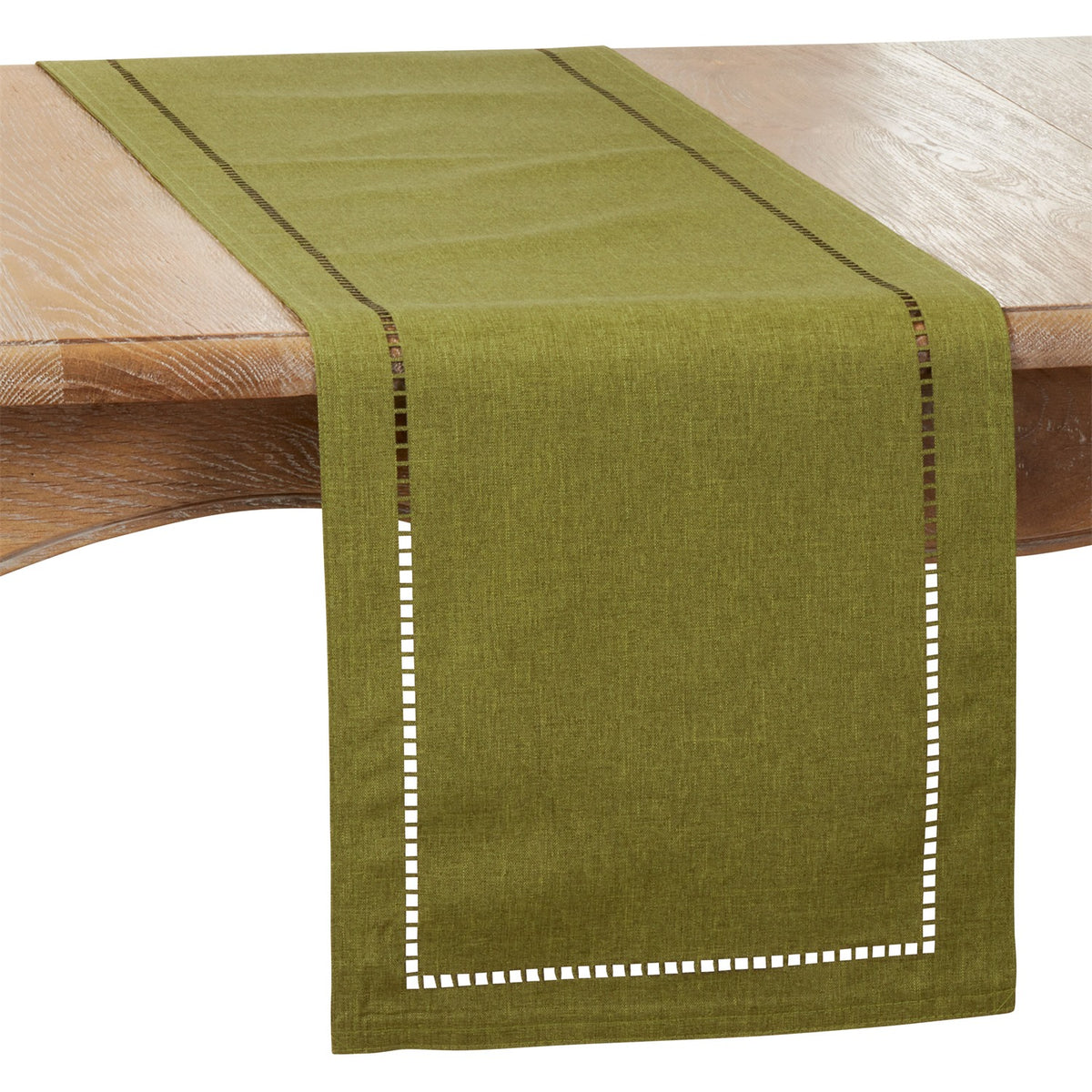 Everyday / All Season Green Laser-Cut Hemstitch Table Runner, 100% Polyester