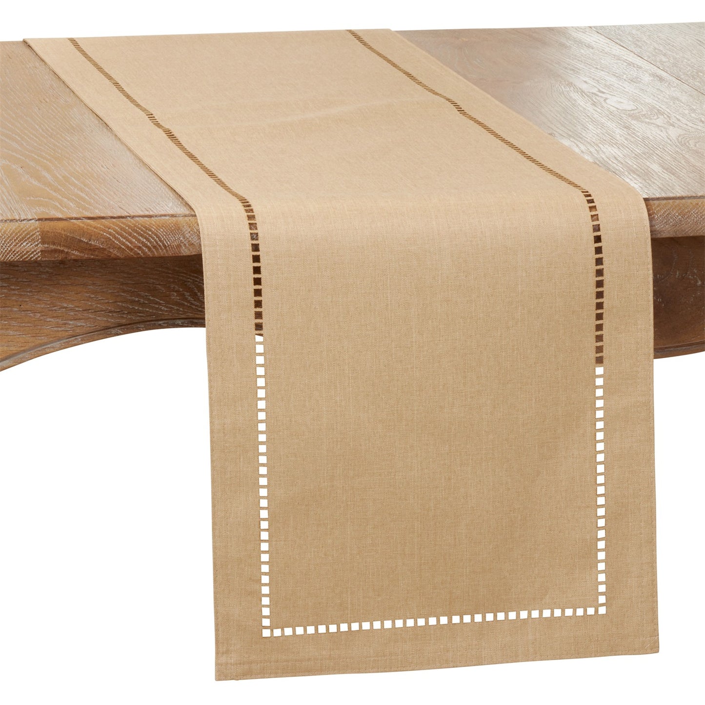 Everyday / All Season Natural Beige Laser-Cut Hemstitch Table Runner, 100% Polyester