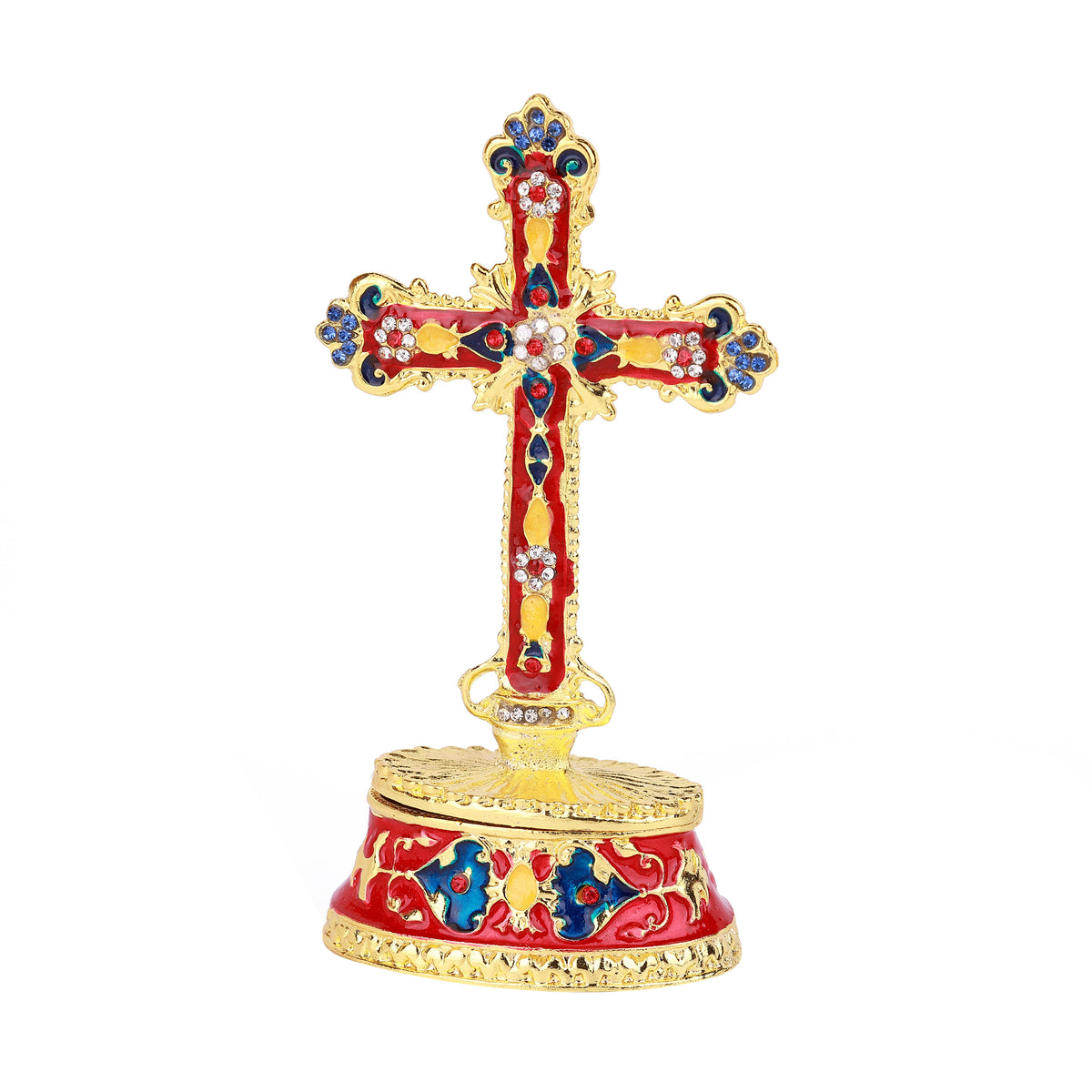 Red Religious Cross Hinged Decorative Jeweled and Enameled Trinket Box 6" x 4" x 12"
