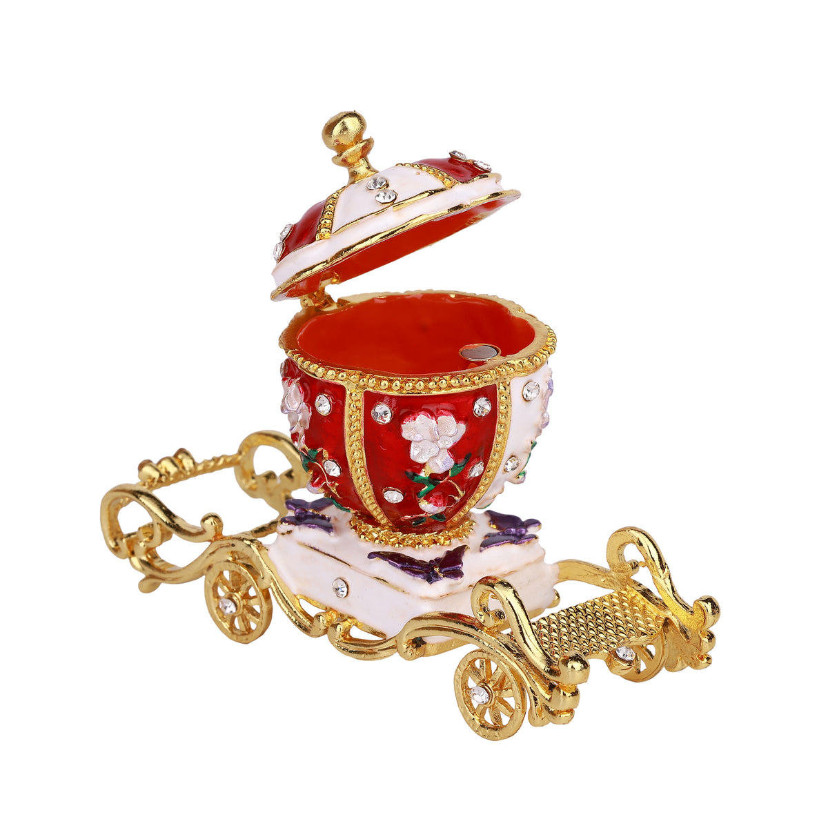 Red/White Carriage Hinged Decorative Jeweled and Enameled Trinket Box 11" x 4" x 9"