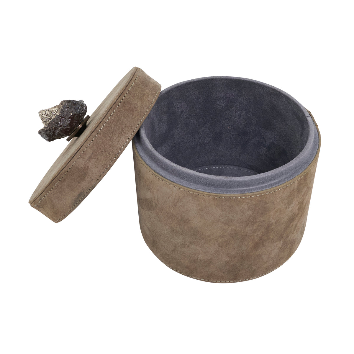 Slate Leather cylindrical Box with Semi Precious Stone Knob 6" x 6" x 5"