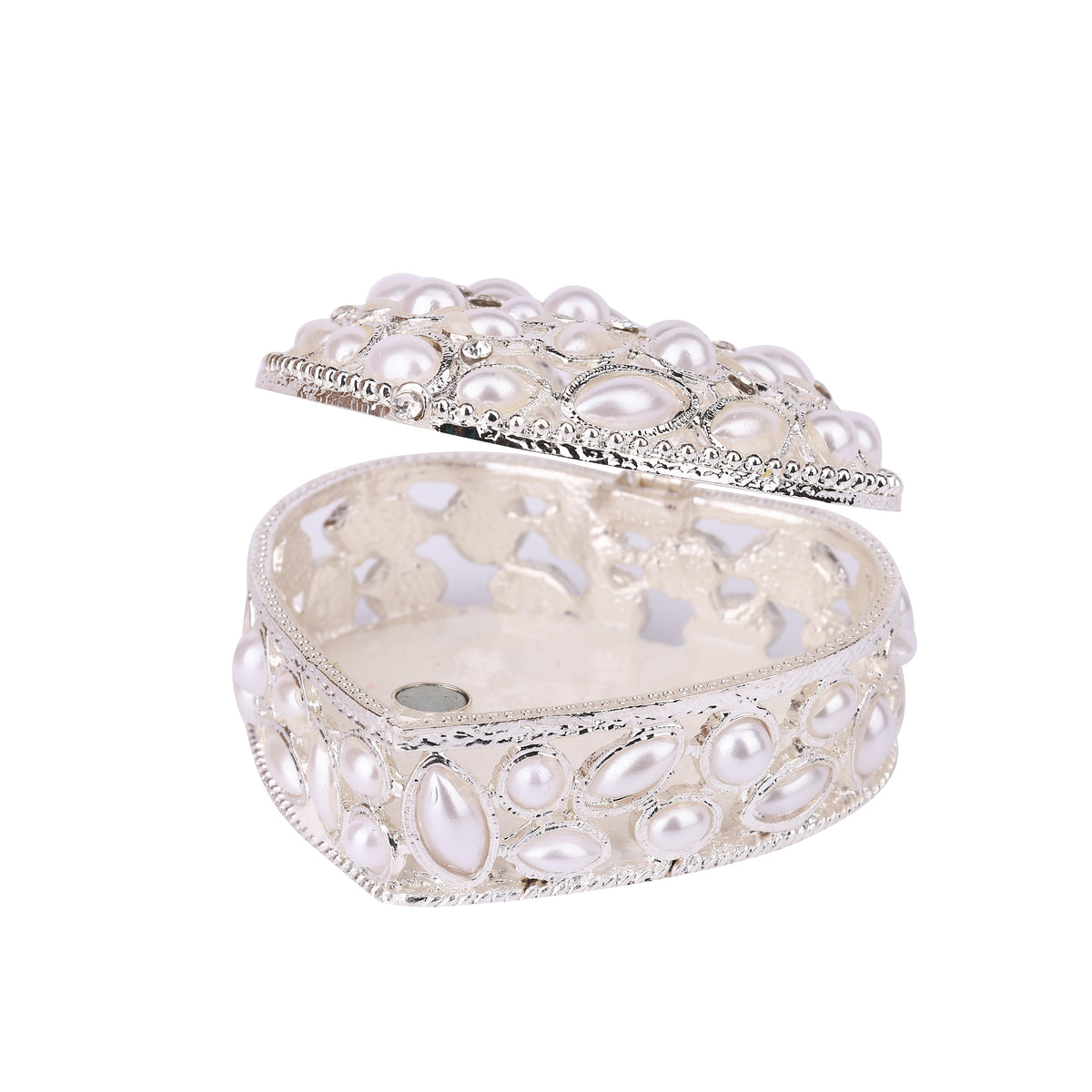 Ivory Color Pearl Heart Hinged Decorative Jeweled Faux Pearl Trinket Box 8" x 8" x 4"