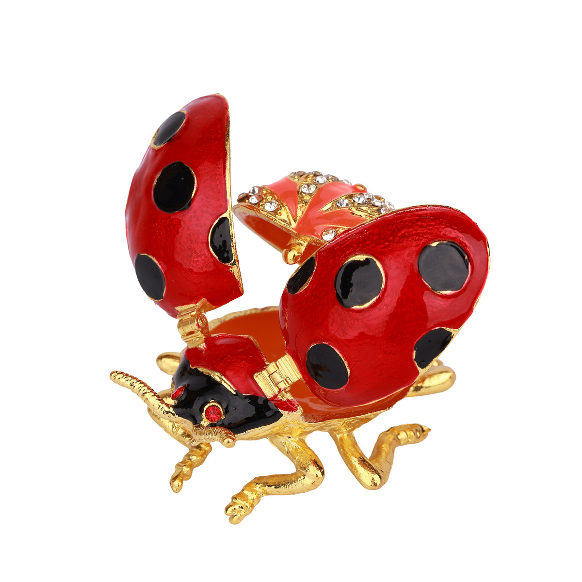 Red Lady Bug Hinged Decorative Jeweled and Enameled Trinket Box 7" x 5" x 4"
