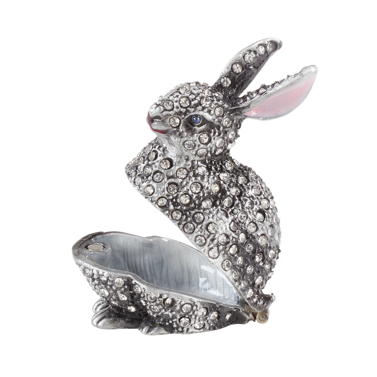 Silver-tone Bunny Hinged Decorative Jeweled and Enameled Trinket Box 1.5" x 3"