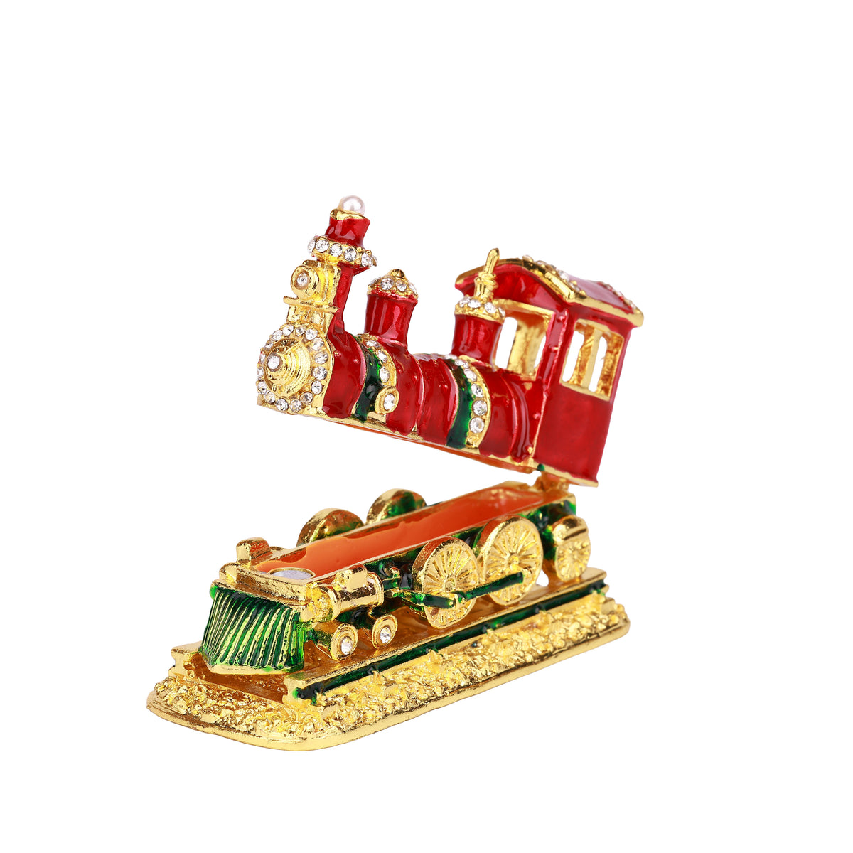 Red Train Hinged Decorative Jeweled and Enameled Trinket Box 8" x 3" x 5"