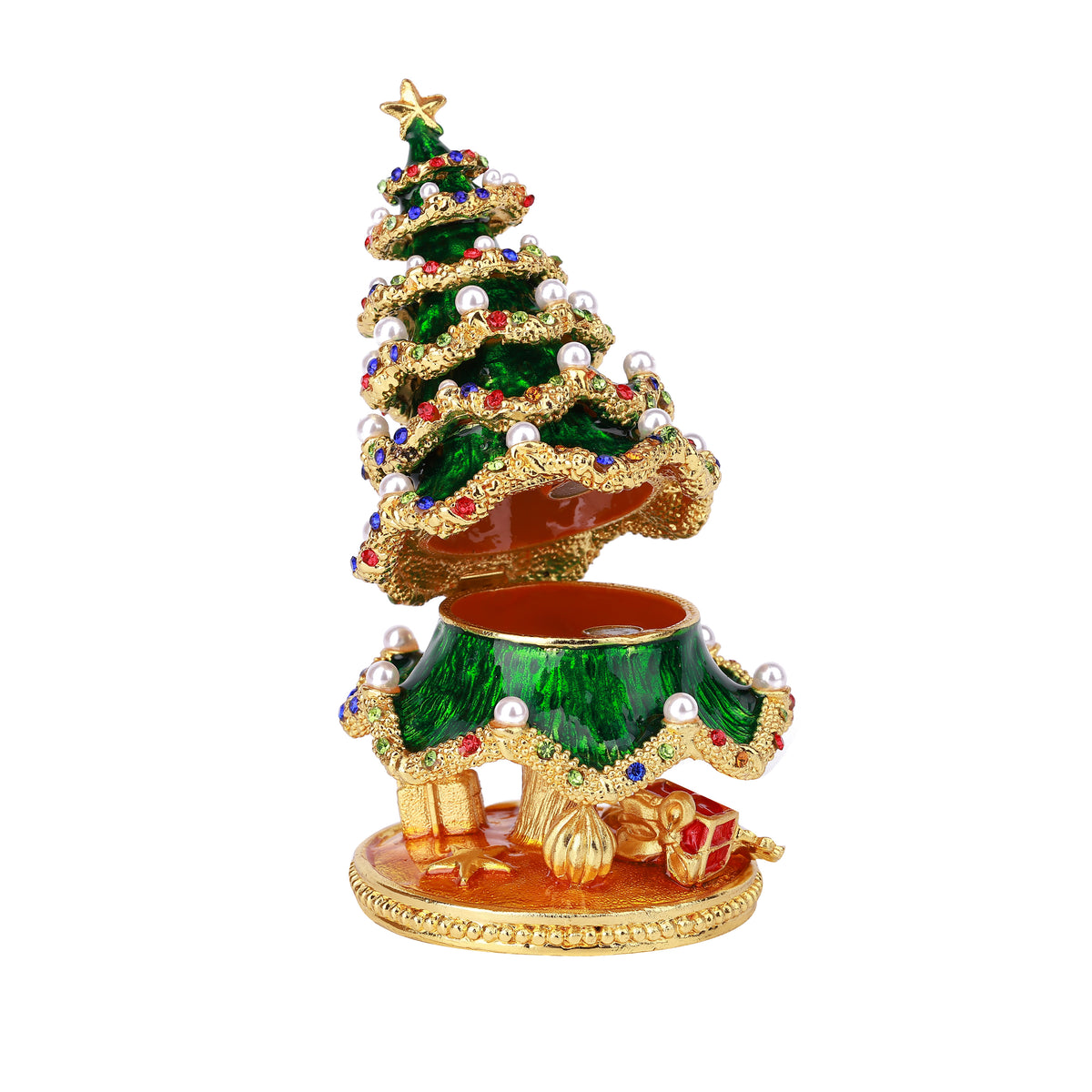 Green Christmas Tree Hinged Decorative Jeweled and Enameled Trinket Box 7" x 7" x 12"