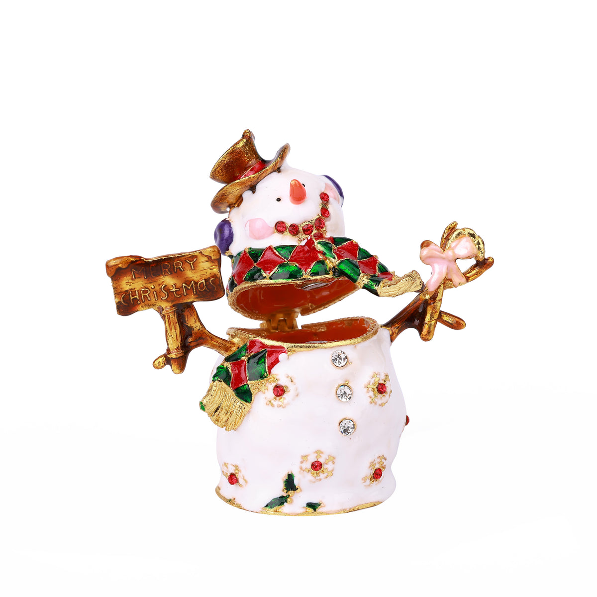 White Snowman Hinged Decorative Jeweled and Enameled Trinket Box 10" x 4" x 8"