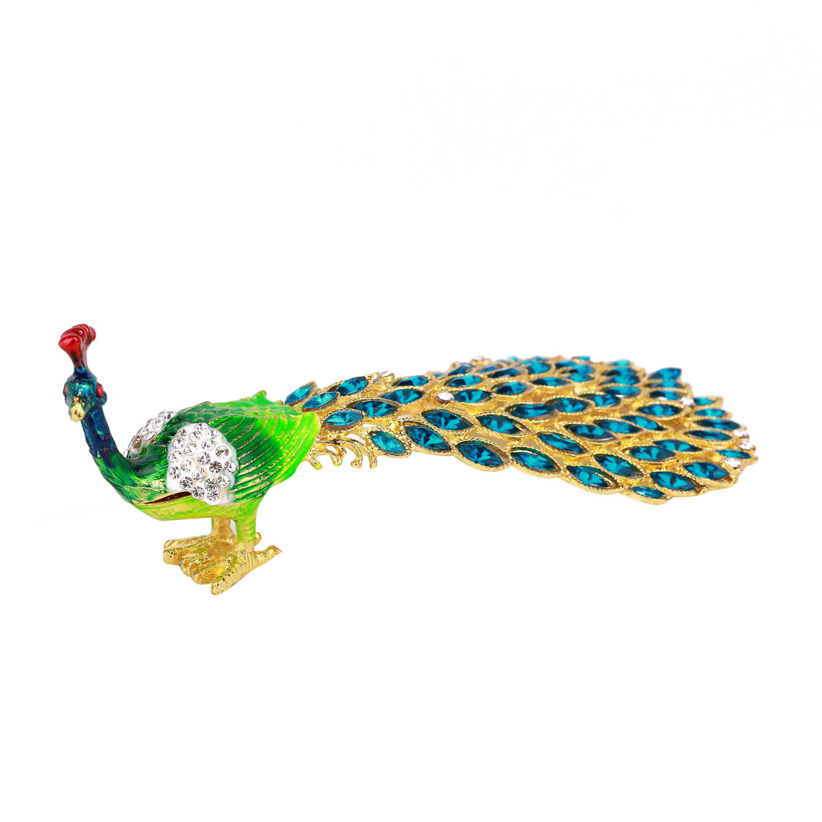 Teal Peacock Hinged Decorative Jeweled and Enameled Trinket Box 4" x 7" x 5"