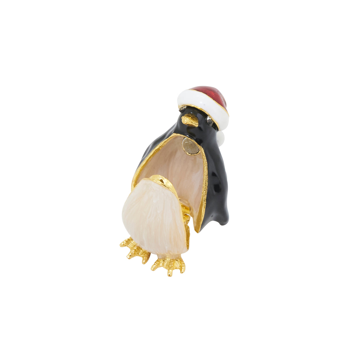Black and White Penguin w Red Santa Hat, Hinged Decorative Jeweled and Enameled Trinket Box 1" x 1.6"