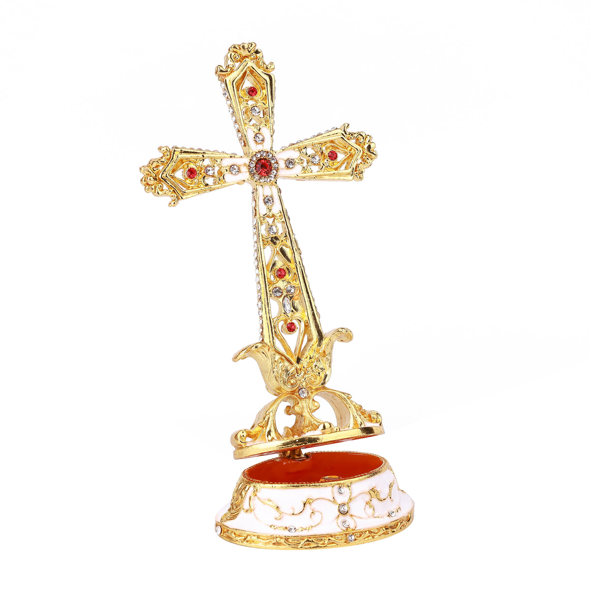 Ivory Color Religious Cross Hinged Decorative Jeweled and Enameled Trinket Box 8" x 6" x 17"