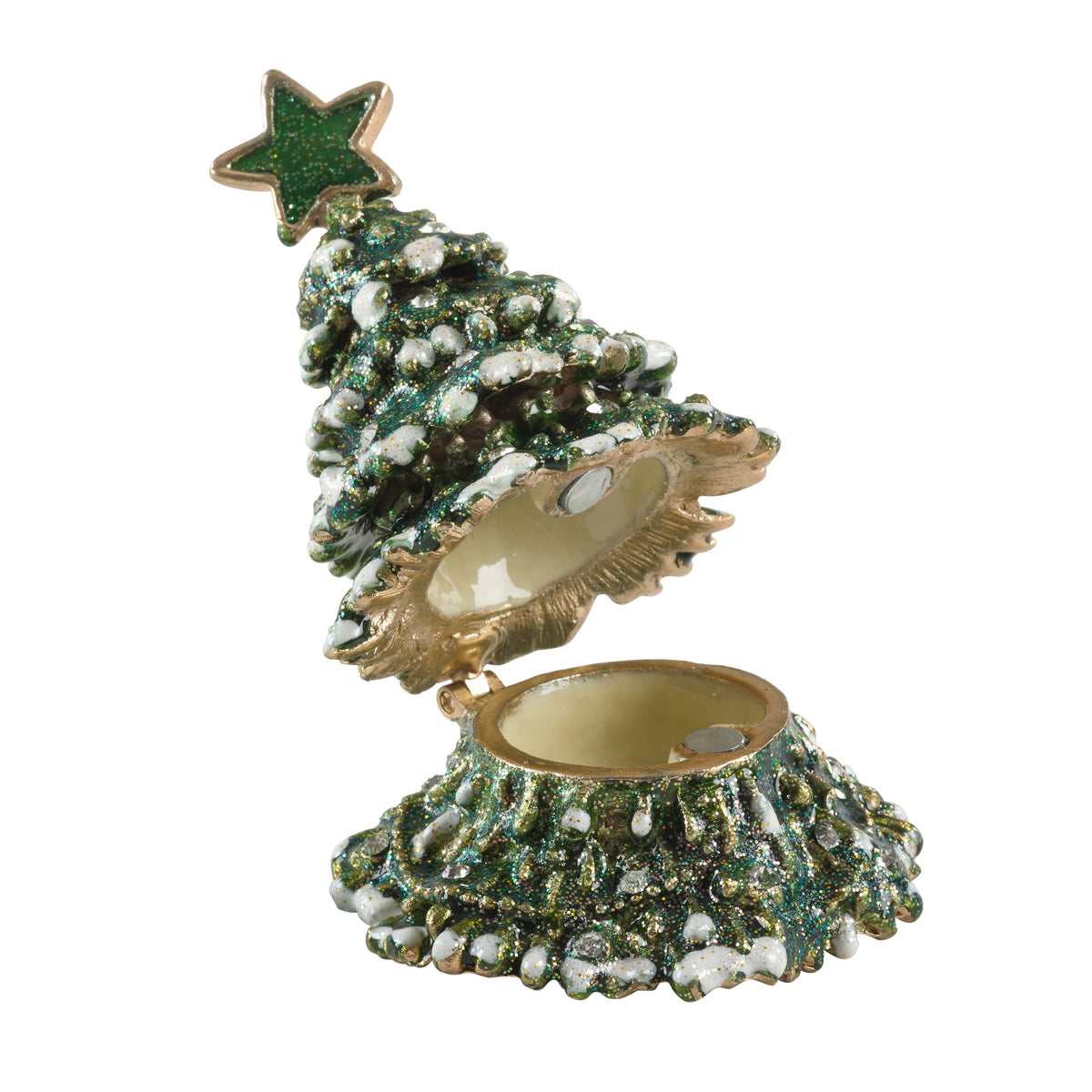 Green Christmas Tree Hinged Decorative Jeweled and Enameled Trinket Box 2" x 2" x 3.3"
