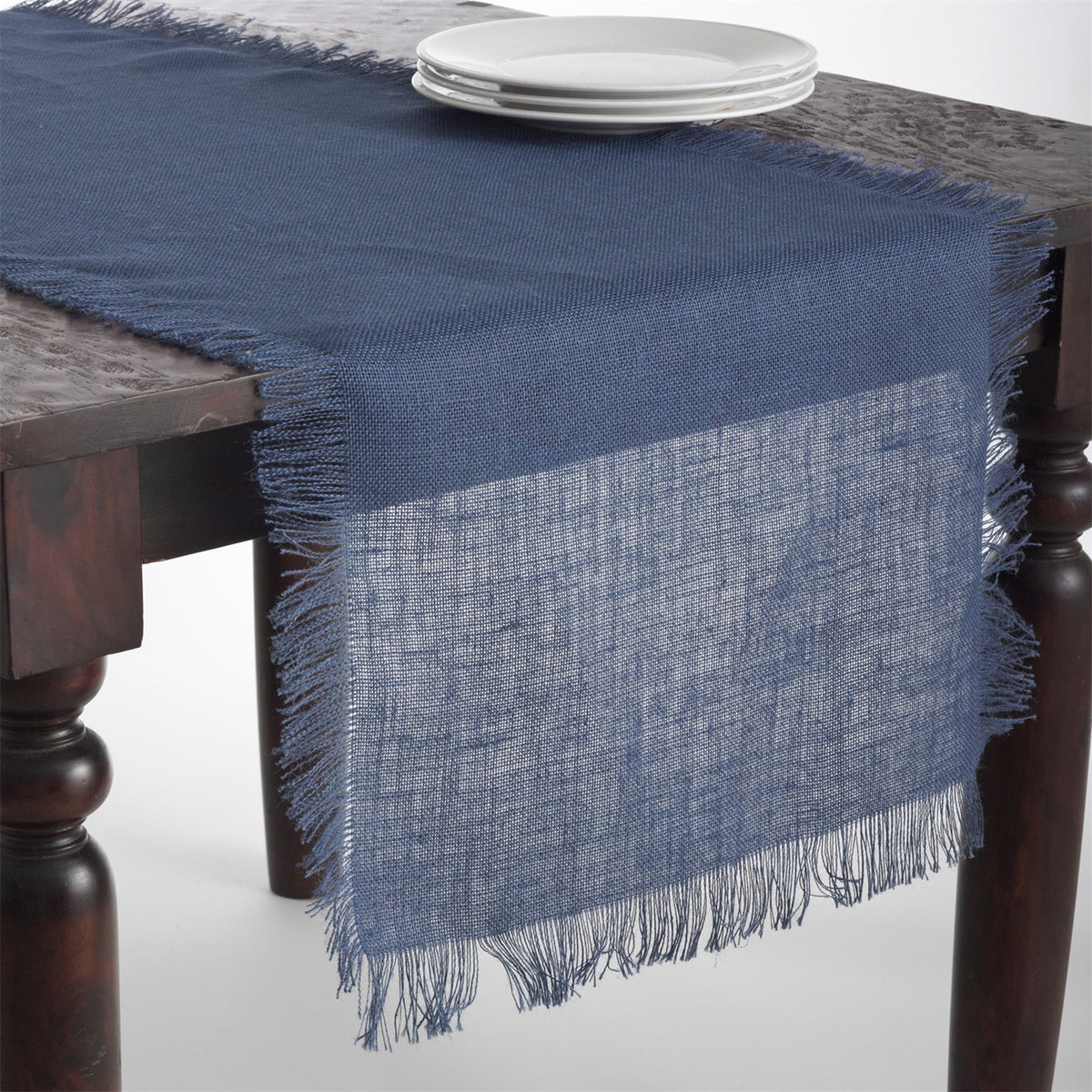 Everyday / All Season Navy Blue Fringed Jute Table Runner, 100% Jute Woven