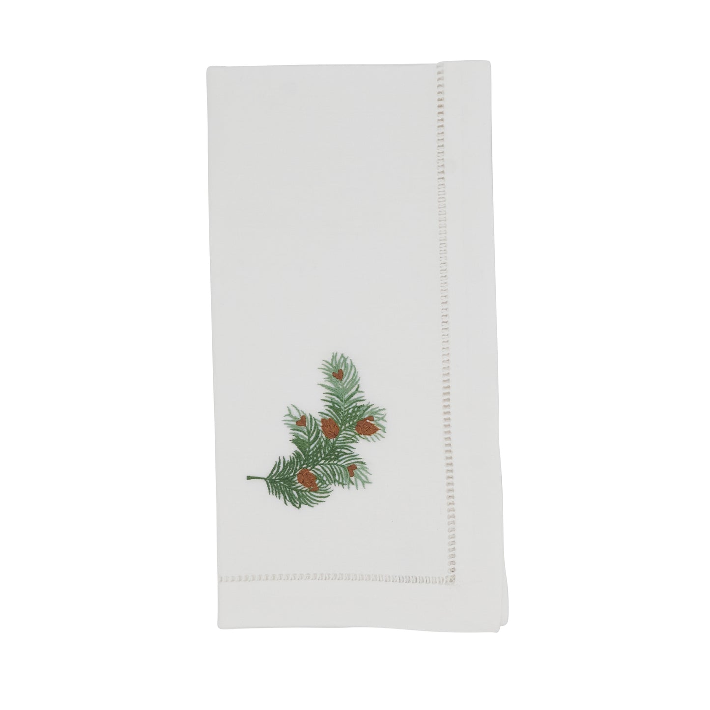 White Embroidered Pine Cone Hemstitch Napkins 100% cotton, 20 Inch Square (6 pcs.)