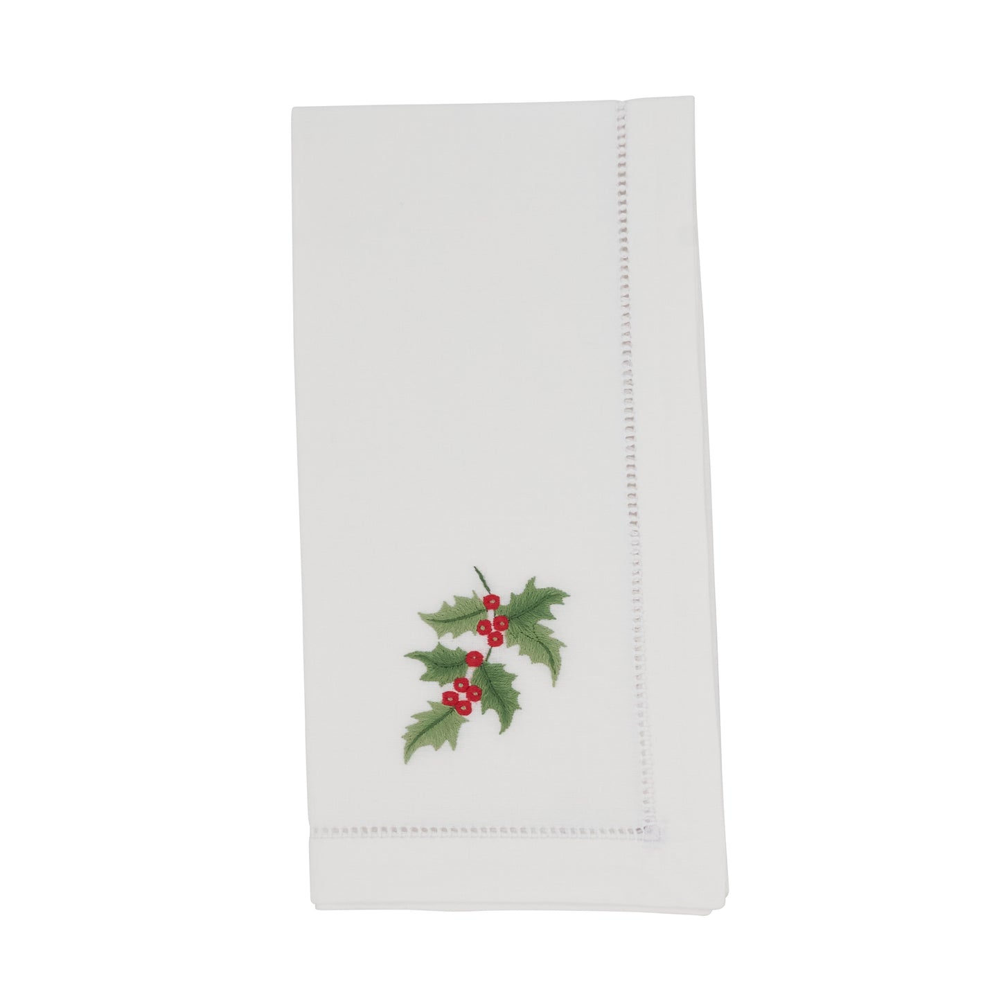White Embroidered Holly Hemstitch Napkins 100% cotton, 20 Inch Square (6 pcs.)