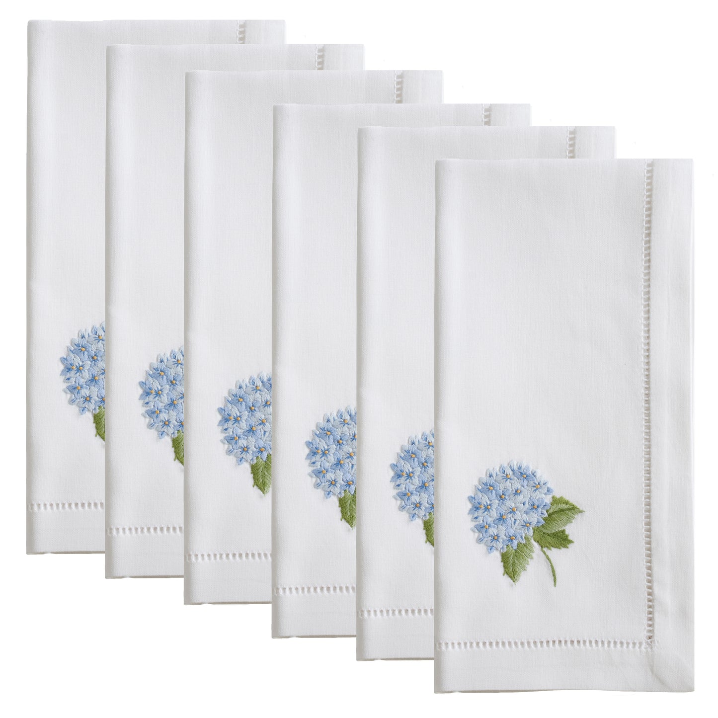 White Embroidered Blue Hydrangea Hemstitch Napkins 100% cotton, 20 Inch Square (6 pcs.)