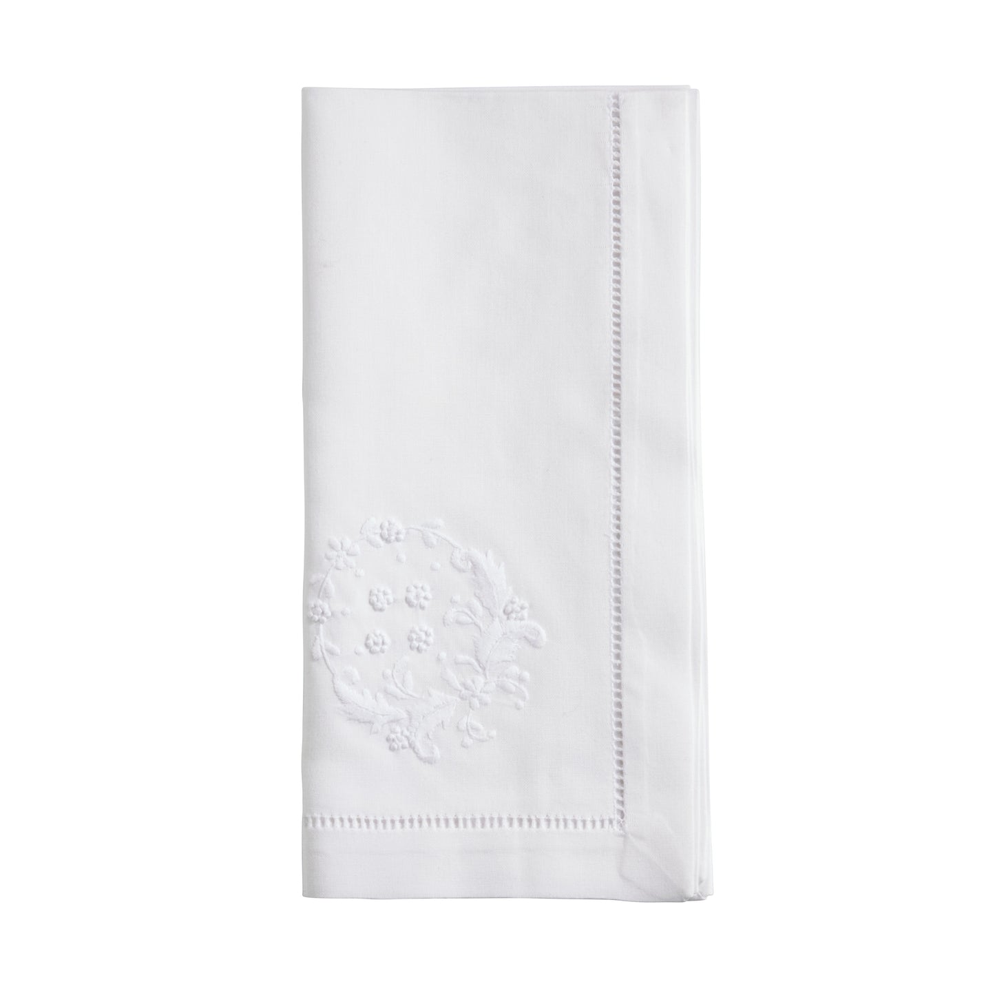 White Embroidered Flower Hemstitch Napkins 100% cotton, 20 Inch Square (6 pcs.)
