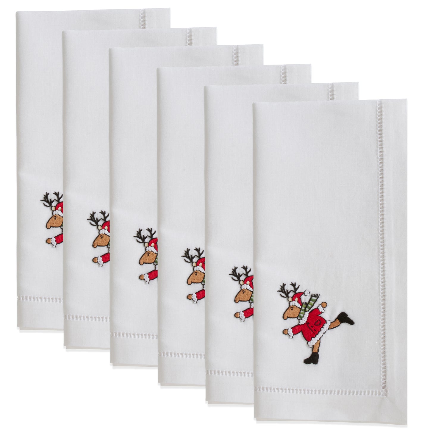 White Embroidered Reindeer Napkins 100% cotton, 20 Inch Square (6 pcs.)