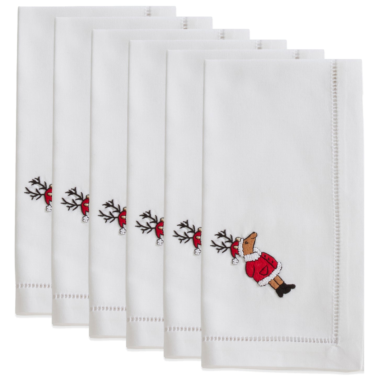 White Embroidered Reindeer Napkins 100% cotton, 20 Inch Square (6 pcs.)