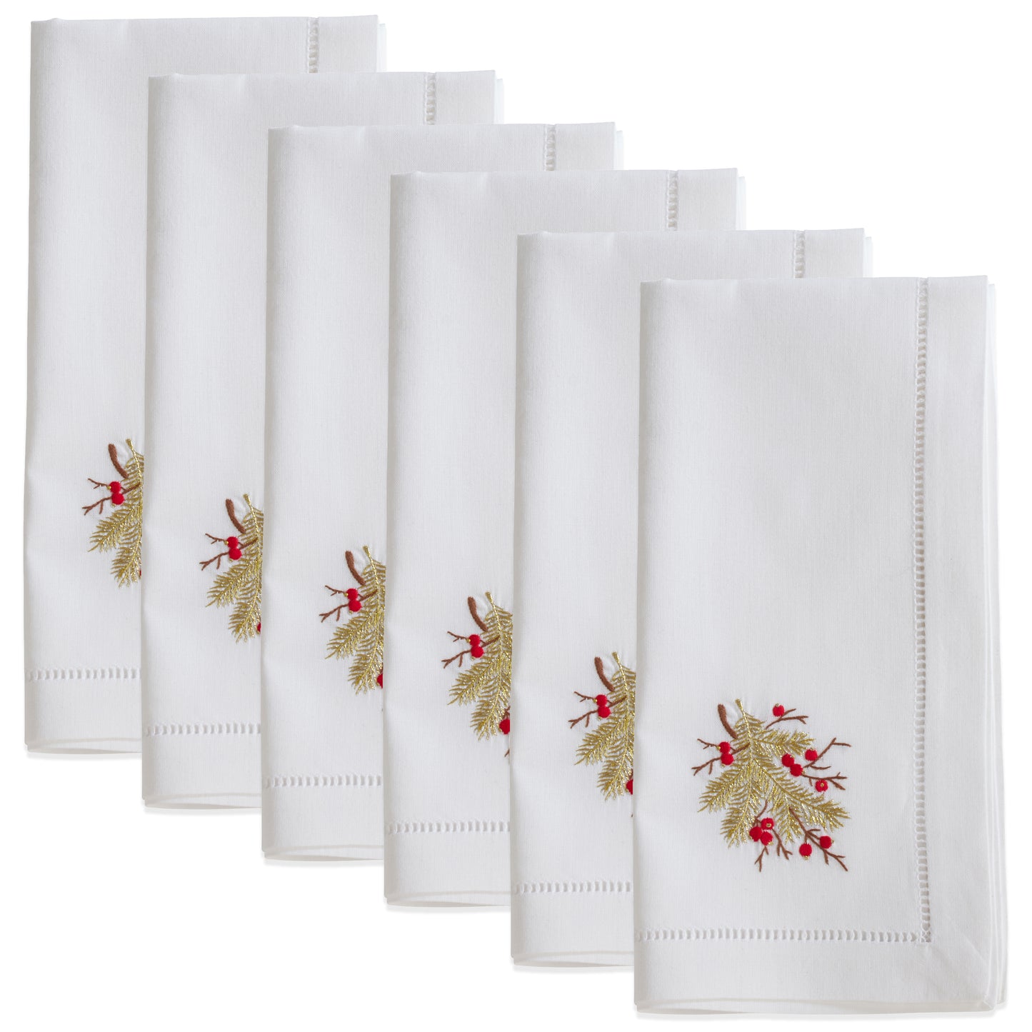 White Embroidered Berry Branch Napkins 100% cotton, 20 Inch Square (6 pcs.)