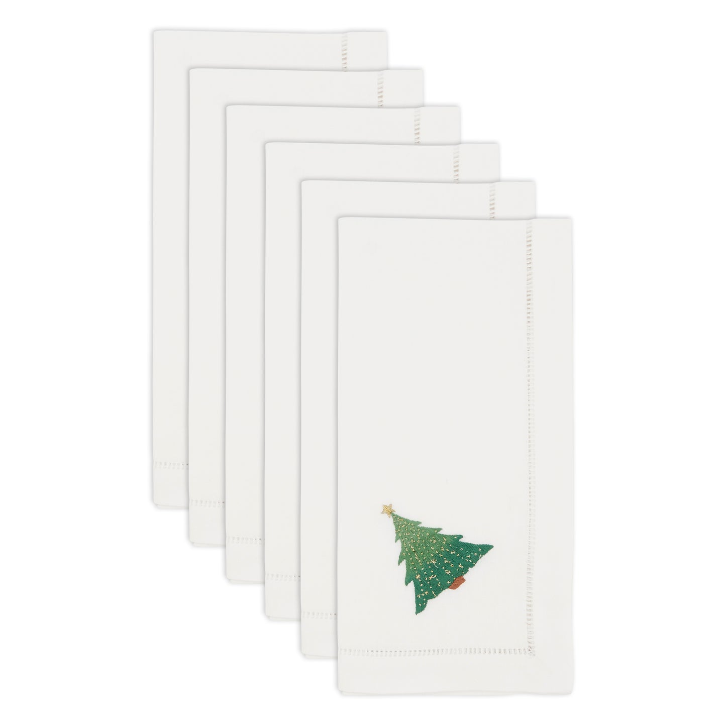 White Embroidered Christmas Tree Napkins 100% cotton, 20 Inch Square (6 pcs.)