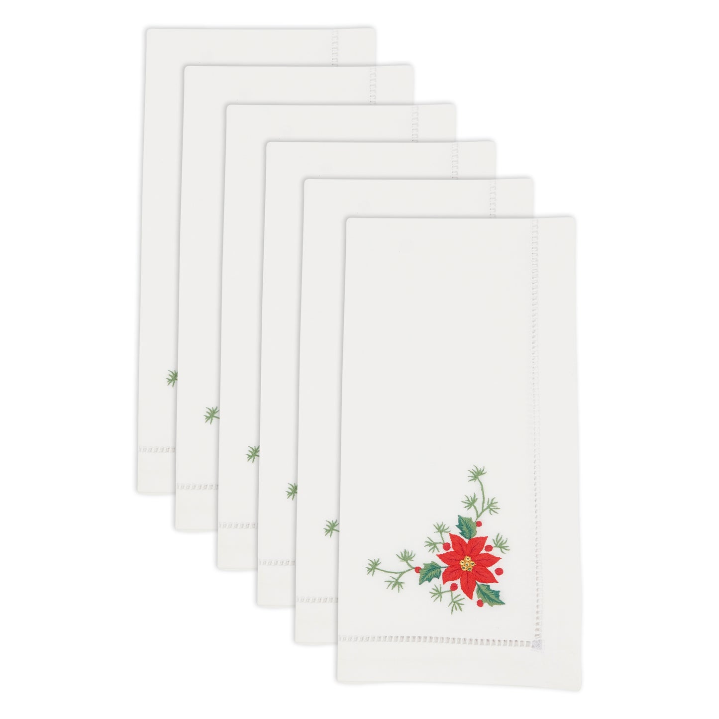 White Embroidered Poinsettia Napkins 100% cotton, 20 Inch Square (6 pcs.)