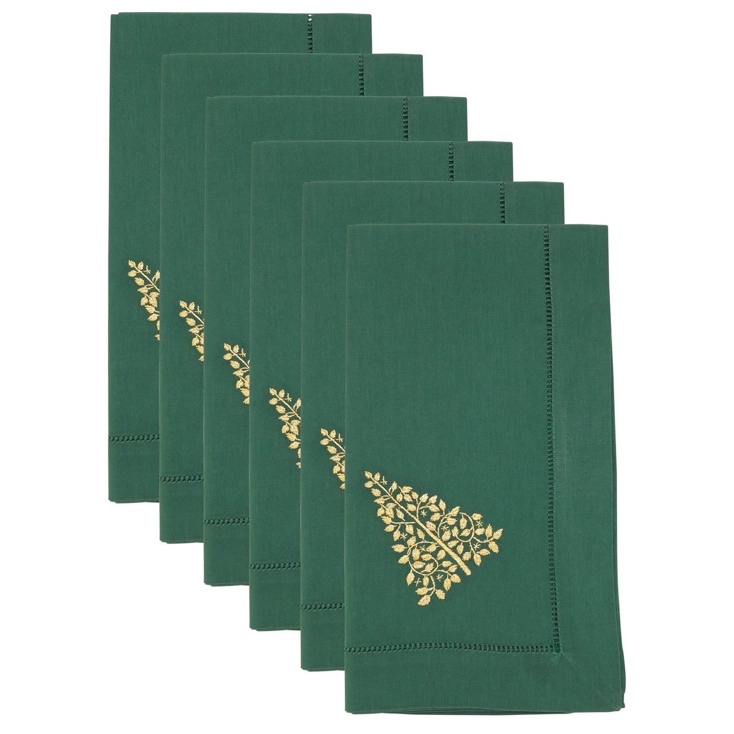 Jasper Green Embroidered Christmas Tree Hemstitch Napkins 100% cotton, 20 Inch Square (6 pcs.)