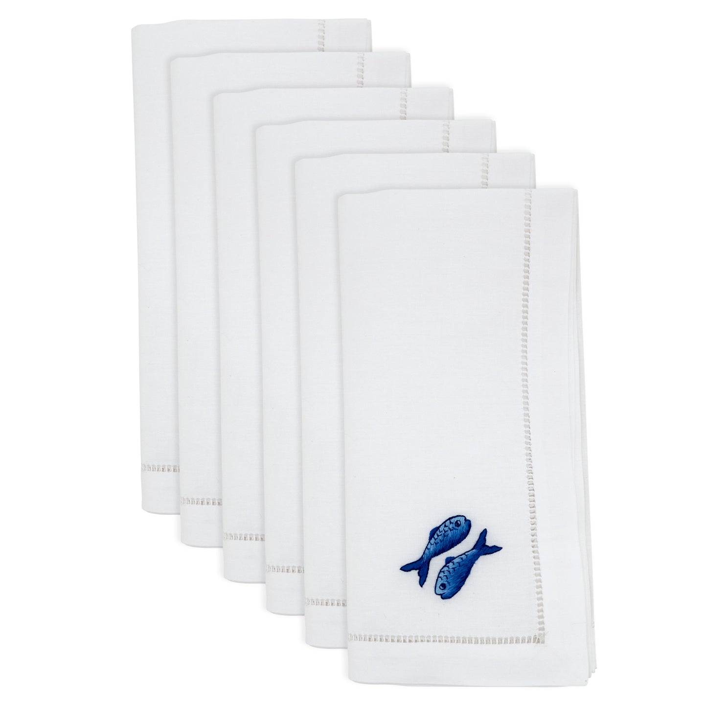 White Embroidered Fish Hemstitch Napkins 100% cotton, 20 Inch Square (6 pcs.)