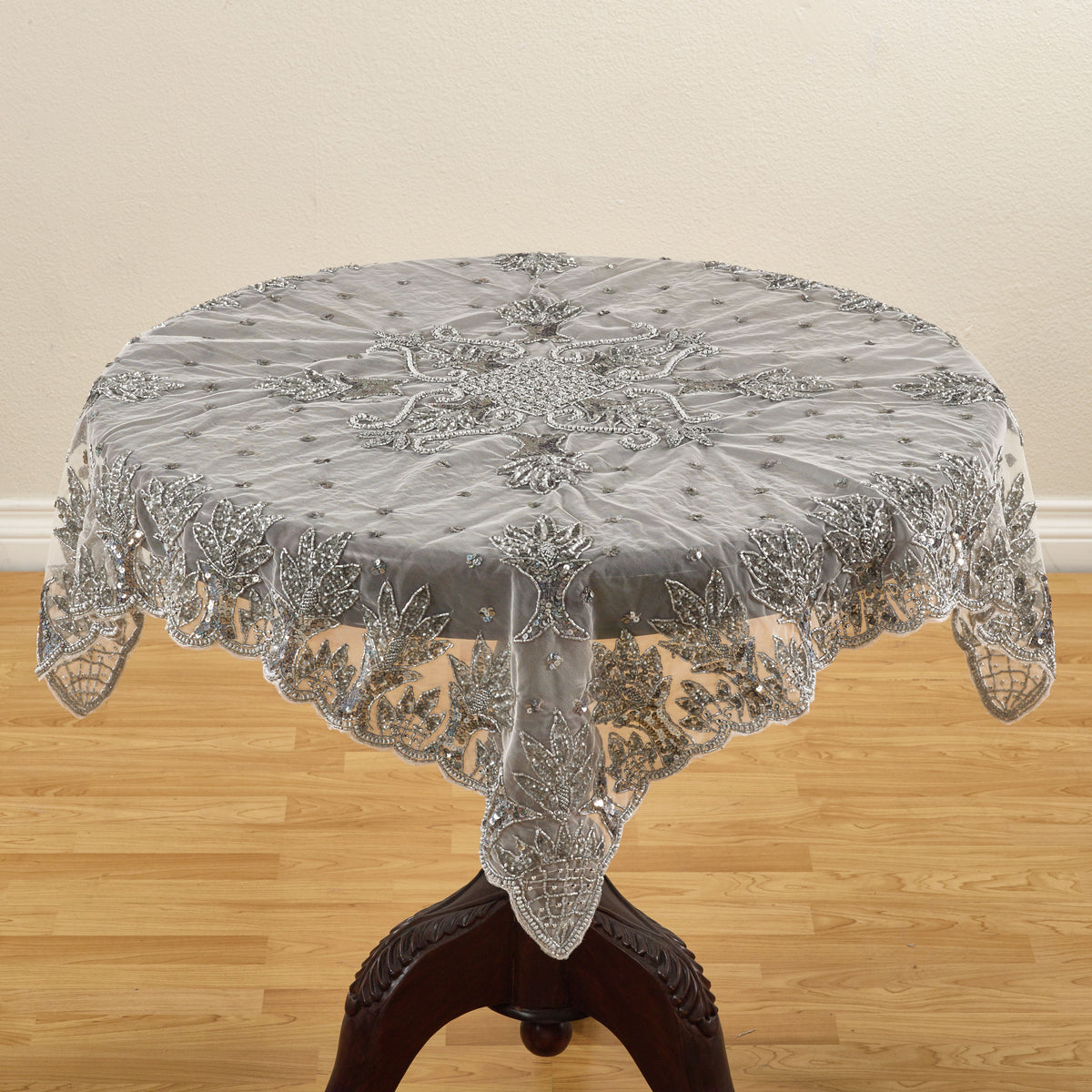Pewter Grey Hand Beaded Design Topper 100% polyester