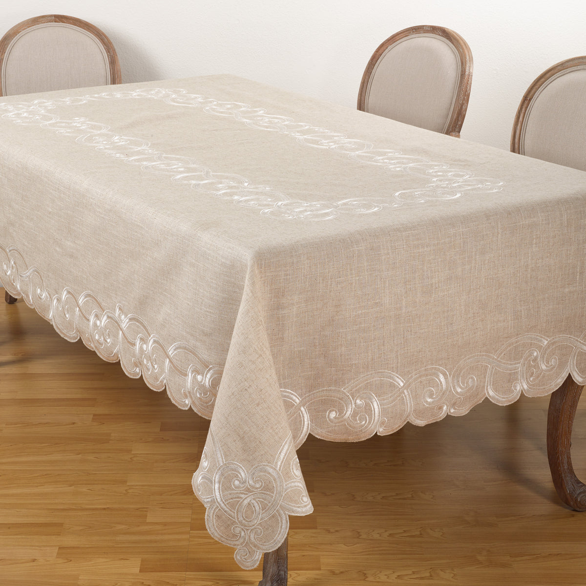 Natural Beige Embroidered Design Tablecloth 75% polyester - 25% linen