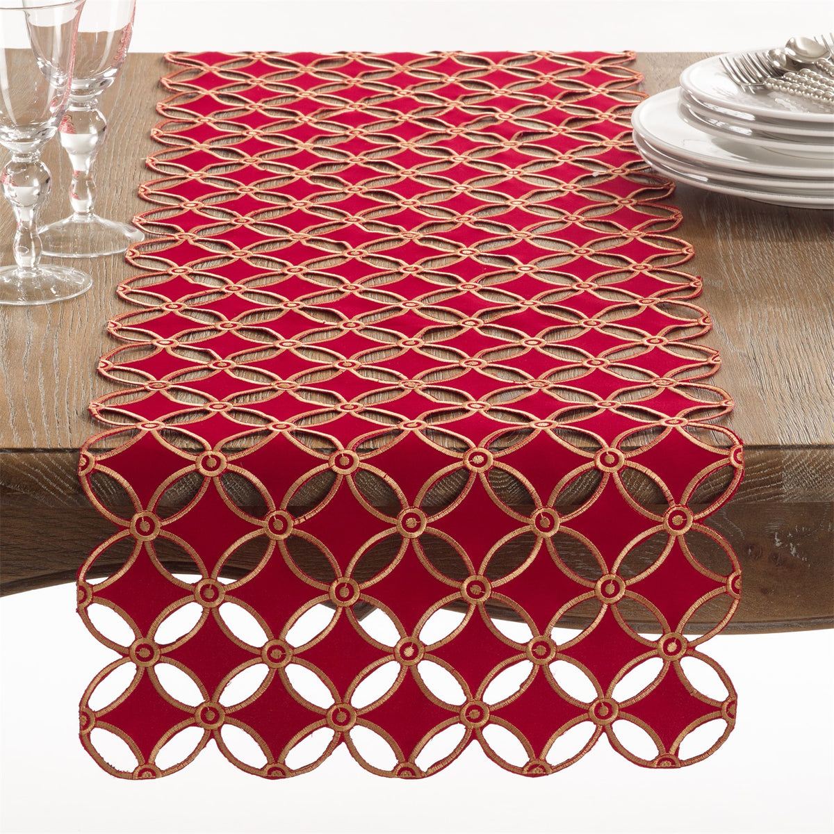 Everyday / All Season Red Cutwork Design Table Runner, 100% Polyester