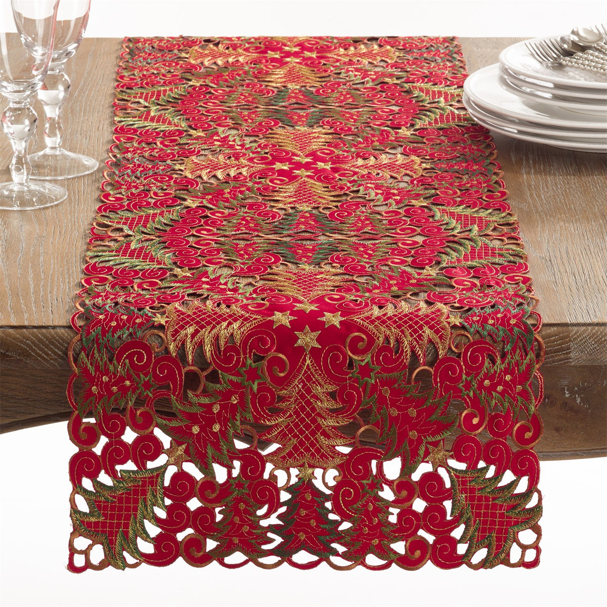 Christmas Red Xmas Tree Cutwork Table Runner, 100% Polyester
