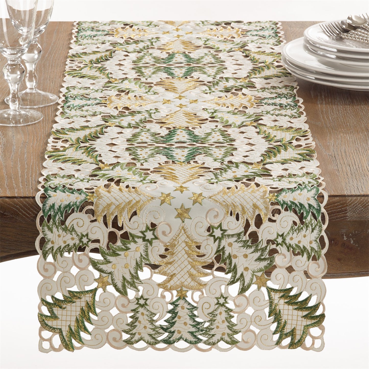 Christmas White Xmas Tree Cutwork Table Runner, 100% Polyester
